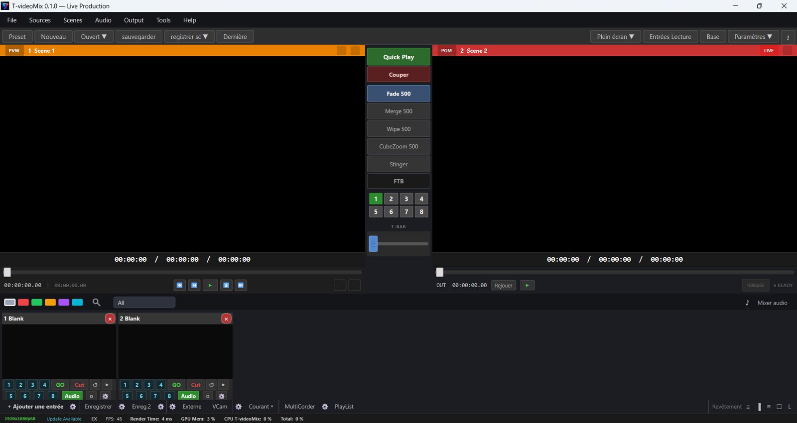 Interface principale de T-videoMix : panneaux Preview/Program, transitions, T-Bar, sélecteur d'inputs, sources