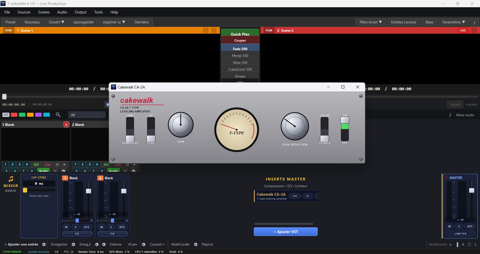 Mixeur audio T-videoMix avec plugin Cakewalk CA-2A inséré