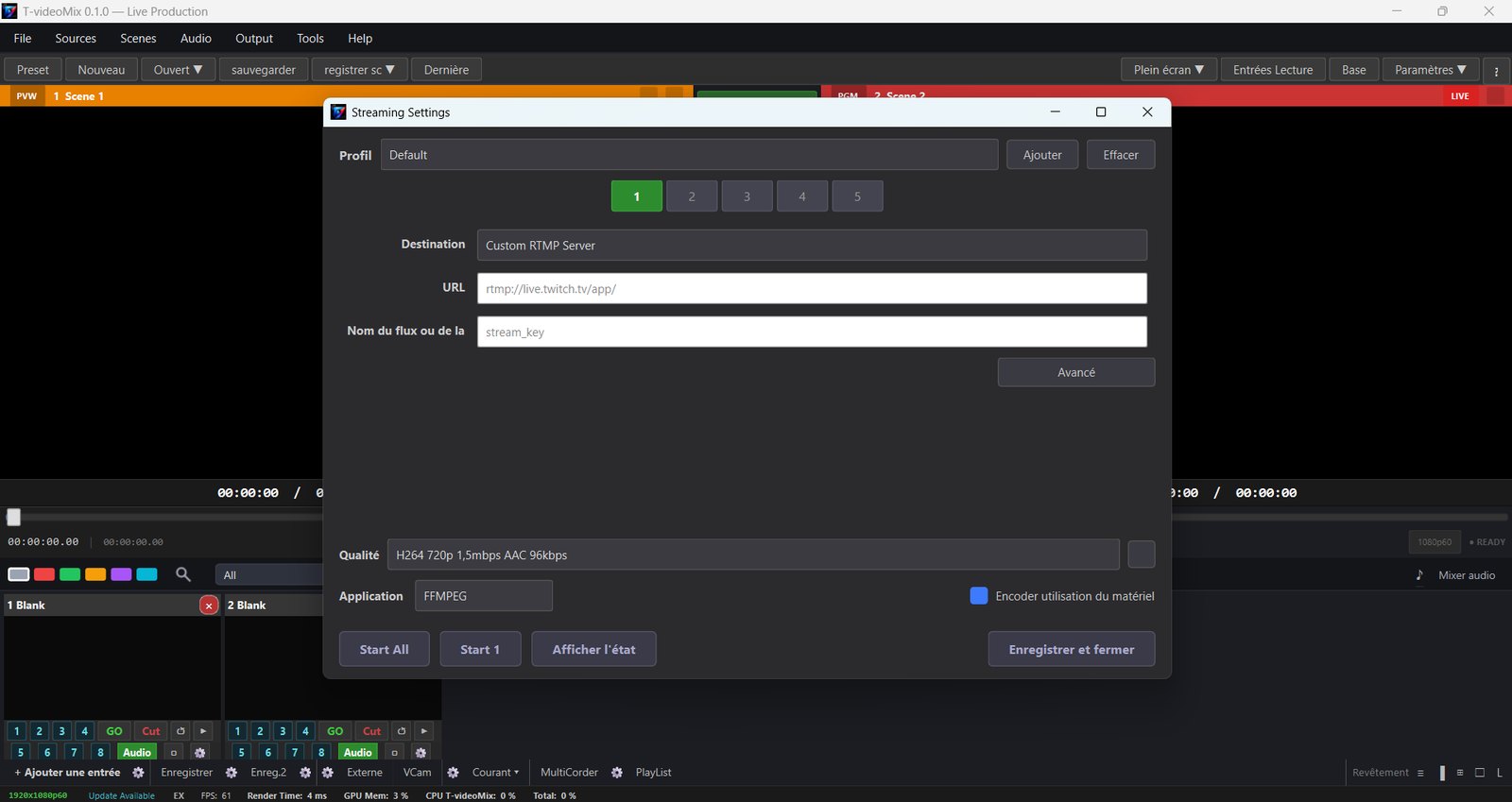Configuration de streaming multi-canaux : RTMP custom Twitch, qualité H264 720p, encoder FFMPEG